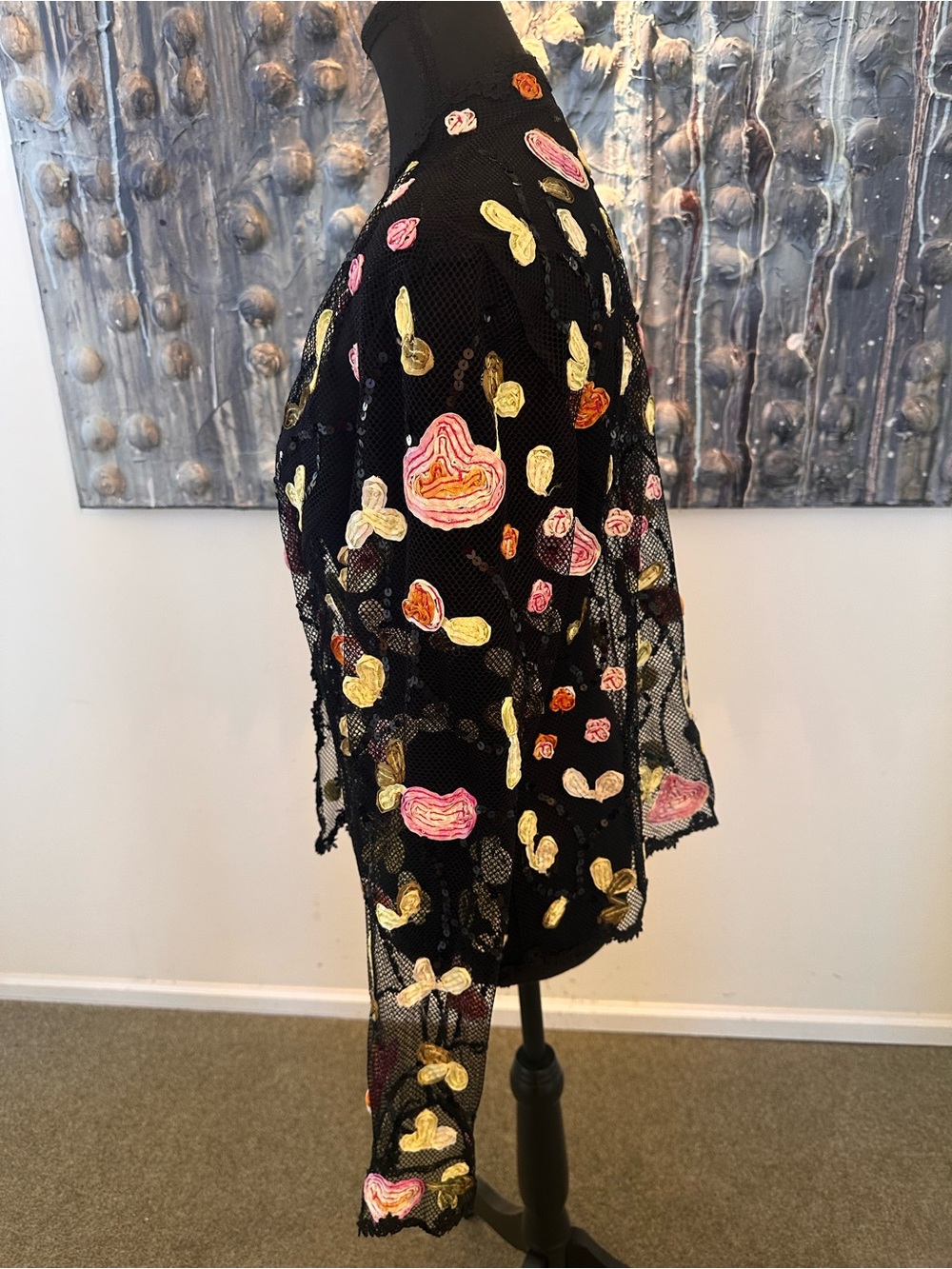 ⭐️ Black Sheer Mesh Cardigan with Pink, Yellow & Orange Appliqués - Picture 7 of 12